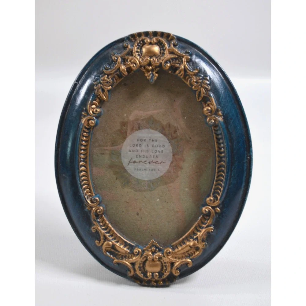 Vintage Style Oval Resin Photo Frame Blue Gold Gilt Ornate Baroque Tabletop